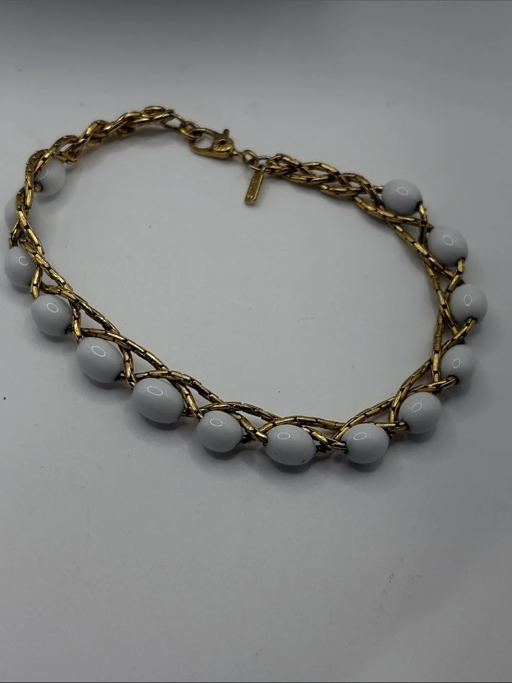 Monet White Bead 16” Necklace and Bracelet Set Gold-Tone Chain 7.25”
